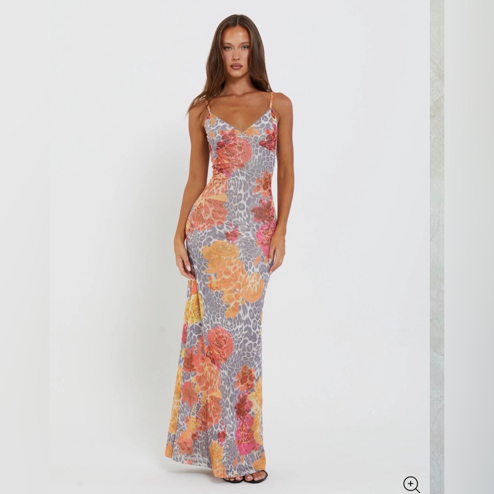 Tiger Mist Floral Maxi Dress in Gray and Orange